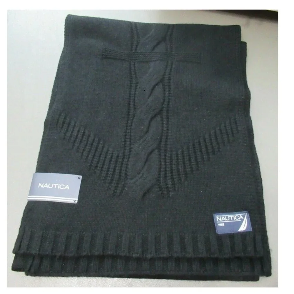 Nautica Men's Nylon Wool Blend Anchor Scarf, Black, One Size